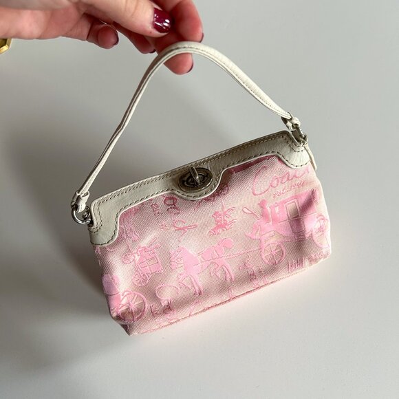 RARE Vintage Coach Y2K Pink Carriage Print Turn Lock Wristlet Mini Bag - Picture 2 of 10